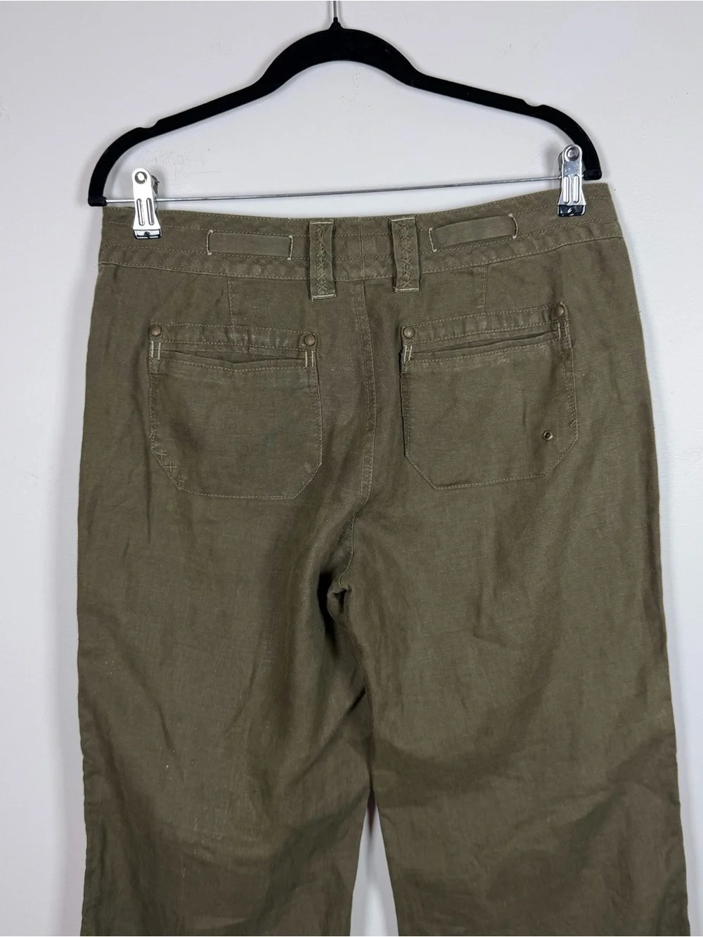 Cabi Olive Green 100% Linen Wide Leg Whipstitch 882 Trouser Pants Lagenlook Sz 8